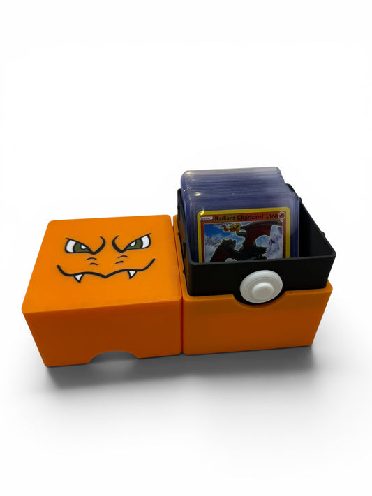 Pokémon deck box open showing sleeved TCG cards and toploaders compatible with standard sleeves